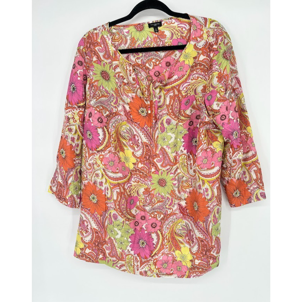 Talbots Woman 100% Silk Multicolor Floral Paisley Tunic Top 1X Hippie Popover